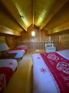 拉纳斯Chalet de La Peyramont的小木屋内一间卧室,配有两张床