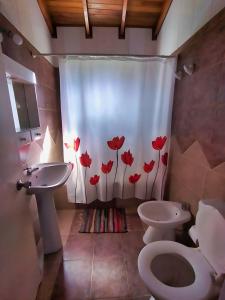 费德拉西翁Magnolia azul的浴室设有卫生间和鲜花淋浴帘
