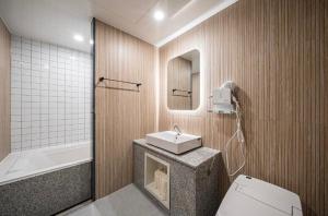 安东市Brown Dot Hotel Andong Ok-dong的一间带水槽、卫生间和镜子的浴室