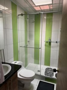 亚美尼亚Alojamiento Villasofia的一间带卫生间和玻璃淋浴间的浴室