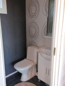 NivalaViihtyisä saunamökki päärakennuksen takana, oma rauha的浴室配有白色卫生间和盥洗盆。