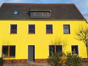 LauchhammerFerienwohnung Alte Fleischerei的黑色屋顶的黄色房子