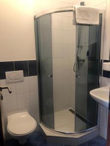 Zavar米尔林酒店的带淋浴、卫生间和盥洗盆的浴室
