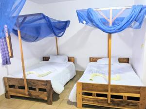 OldeaniSTC.SAFARI LODGE的配有蓝色遮阳伞的客房内的两张床