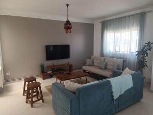 纳布勒Superbe étage de villa vue sur mer的客厅配有蓝色的沙发和电视