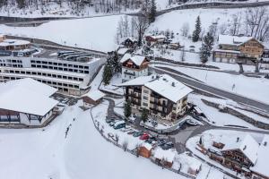 海利根布卢特托伊耶霍夫旅馆的雪地中度假村的空中景观