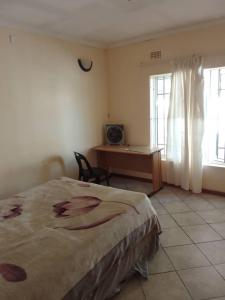 哈博罗内Sugar Shack Backpackers Botswana的一间卧室配有一张床、一张书桌和窗户。