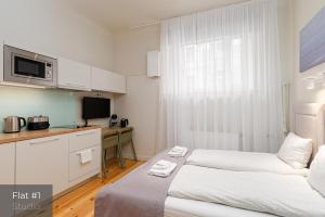 里加Dandelion Apartments Stabu的酒店客房带两张床和厨房