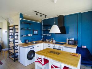 雷恰利兹Myvo The Studio apartment at Geiteyjarströnd 4的厨房设有蓝色的墙壁、桌子和洗衣机。