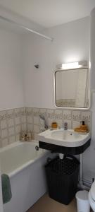 卡布尔Cabourg Plage的带浴缸、水槽和镜子的浴室