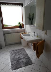 SiebenbachAm Lindenbaum, Ferienwohnung in Siebenbach am Nürburgring的白色的浴室设有水槽和镜子