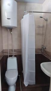 Gorists'ikheM7 House的浴室设有卫生间和带浴帘的盥洗盆。