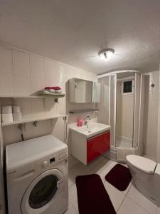 伊斯坦布尔Green Garden View Apartment Near Zorlu Center的小型浴室设有洗衣机和水槽。