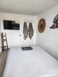 伊科德洛斯维诺斯Casa Salvia Bed and Breakfast的卧室配有白色的床和电视