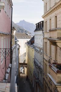 格蒙登Marktplatz-Residenz - 110 m vom Traunsee的城市小巷景观与建筑