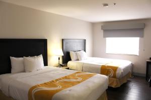 德尔里奥Baymont by Wyndham Del Rio的酒店客房设有两张床和窗户。