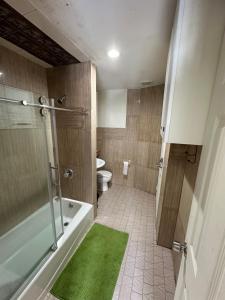纽约Hudson Yard 408的带淋浴的浴室以及带绿色地毯的卫生间。