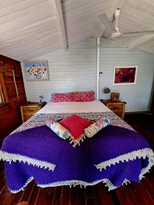 BolullaCasa del Paso的一张带紫色毯子和枕头的床