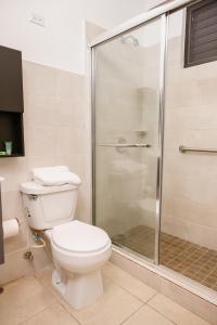 圣塞瓦斯蒂安Casa Campo Bed & Breakfast的一间带卫生间和玻璃淋浴间的浴室