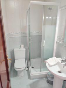 桑托尼亚Apartamento Fuerte El Mazo的带淋浴、卫生间和盥洗盆的浴室