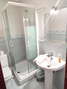 桑托尼亚Apartamento Fuerte El Mazo的带淋浴、盥洗盆和卫生间的浴室