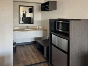 锡达拉皮兹锡达拉皮兹六号汽车旅馆的一间带水槽和微波炉的小浴室