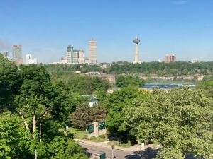 尼亚加拉瀑布Holiday Inn Niagara Falls-Scenic Downtown, an IHG Hotel的享有河流和树木的城市天际线美景