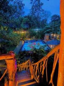 哈伯勒内Levona Garden Resort的享有游泳池的夜间景致