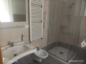 里米尼冲绳酒店的一间带水槽、淋浴和卫生间的浴室