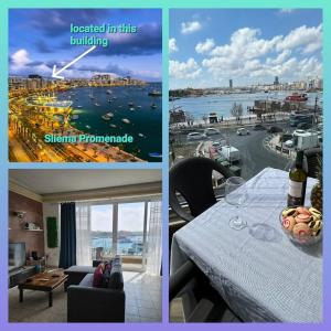 斯利马Seaview Serenity 3-Bedroom Apt view over Valletta Harbour的三张照片的拼贴画,一张桌子,上面放着酒杯