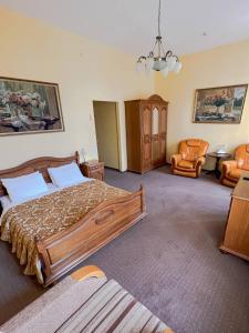 利沃夫维也纳酒店的一间卧室配有一张大床和一把椅子