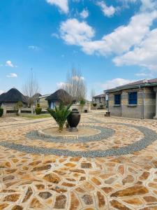 Berea HillsSeqonoka Villa Accommodation & Events Park的中间种有植物的圆形石头天井