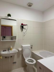 克勒克Apartman Bebic的一间带卫生间、水槽和镜子的浴室