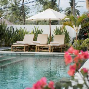 龙目岛库塔Nucifera Kuta Lombok的一个带2把躺椅和遮阳伞的游泳池