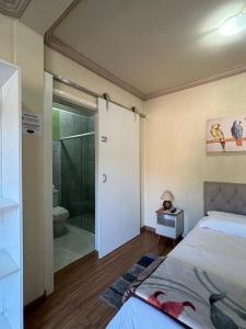 坎波斯杜若尔当Pousada Aconchego na Montanha的一间卧室配有一张床,浴室设有淋浴。