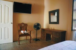 伊察Serenity hotel & lodge的一间卧室配有一张床、一把椅子和镜子