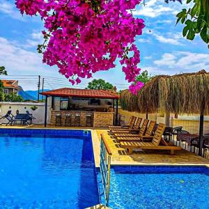达利安Işıl Suit Apart Otel的一个带椅子和粉红色花卉的游泳池的度假酒店