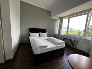 柏林Ootel.com的一张位于带大窗户的房间内的床铺