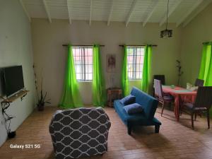 格罗斯岛East Caribbean Lodging的客厅配有绿色窗帘、沙发和桌子