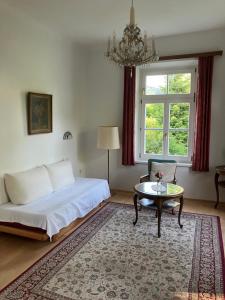 巴特格莱兴贝格Louisenvilla的一间卧室配有一张床、一张桌子和一个吊灯。
