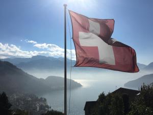 菲茨瑙Cozy House above Lake Lucerne in car-free Vitznau Mittlerschwanden at Mount Rigi railway的红白旗在湖前飘扬