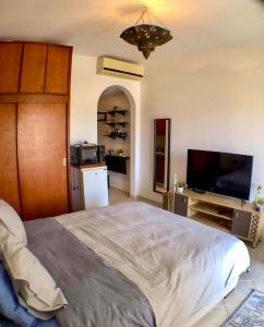 赫尔格达luxury Beachfront Studio- Foreign Nationals Only的一间卧室配有一张大床和一台平面电视