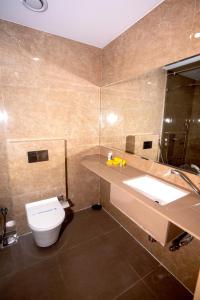 贾姆讷格尔Nulife Resort的一间带卫生间、水槽和镜子的浴室
