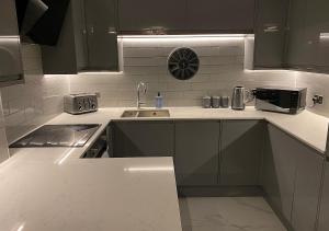 雷丁Beautiful modern cosy central apartment / sleeps 4的厨房配有黑色橱柜和水槽