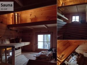 埃申Alpine Chalet with Natural Pool的两张照片,一间小屋,一间厨房,另一间房间,木头