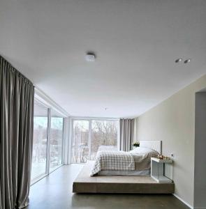 特罗姆瑟Platinum VIP - Aurora luxury house的一间卧室设有一张床和一个大窗户