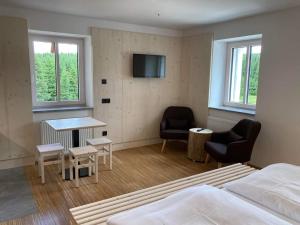 WeissbachHorská chata Smědava的一间卧室配有一张床、一张书桌和一台电视。