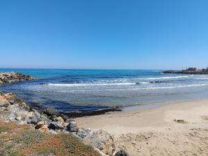 库基尼坎尼奥Niros Beachfront Aparthotel的阳光明媚的日子里,海滩上拥有岩石和海洋