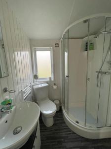 波特里STORR (caravan skye holidays)的浴室配有卫生间、淋浴和盥洗盆。