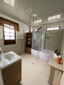 索波Hotel Villa Mercedes Colonial的带浴缸、水槽和淋浴的浴室
